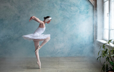 a professional ballerina in a white tutu is dancing in a room with blue wall and smoke