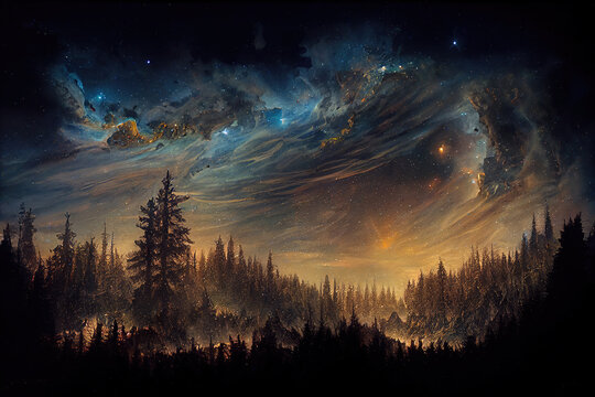 AI generated image of a celestial sky over a large forest. Stars, galaxies, Milky Way 