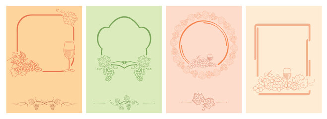 frames with grape and wine glasses on pastel color backgrounds - vector banners