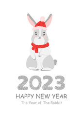 Happy new year 2023. Chinese Lunar New Year 2023, year of the rabbit. Large numbers with cute bunny, hare. Background Design for holiday decor, card, poster, banner, flyer