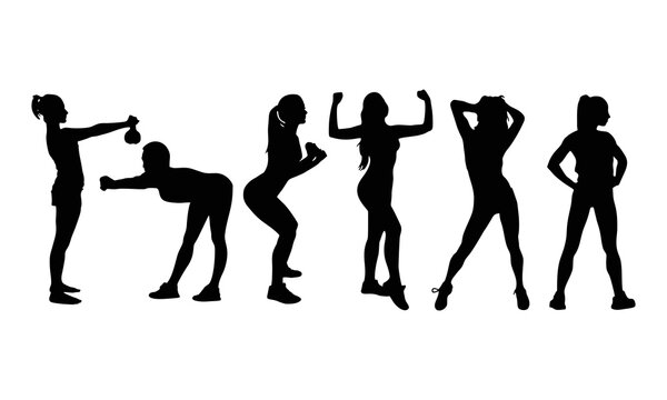 Set vector silhouettes of young woman doing sport exercises in standing position. Fitness workout icon. Slim sportive girl black profile isolated on white background. Healthy life style.