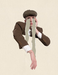 Contemporary art collage. Conceptual image. Man in vintage clothes feeling sad. Having mental breakdown