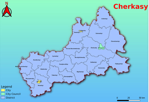 Vector map of the Ukraine administrative divisions of Cherkasy Region with City, City Council, District, Raion