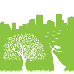 woman tree, birds and city buildings