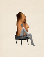Contemporary art collage. Conceptual image. Female face art expressing sadness and depression. Crying in despair