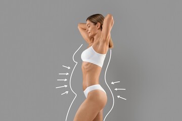 Beautiful Lady In Underwear With Drawn Outlines Around Body Demonstrating Slimming Result