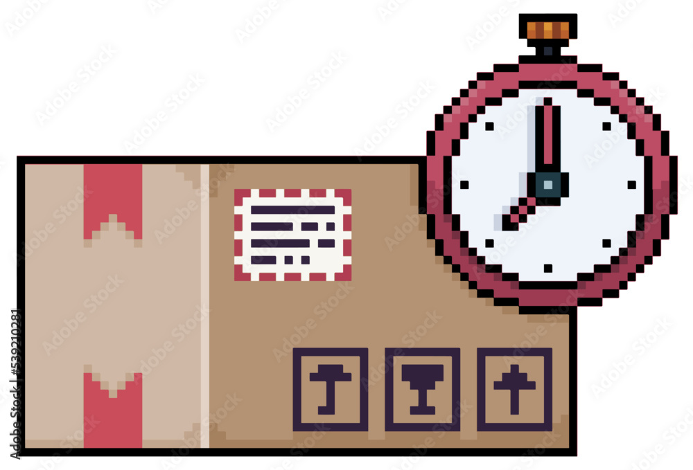 Poster pixel art order in cardboard box with clock icon, express delivery vector icon for 8bit game on whit