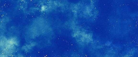 Dark blue nebula sparkle gold star universe in outer space horizontal galaxy on space. Artistic hand painted multi layered dark blue background. navy blue watercolor and paper texture.