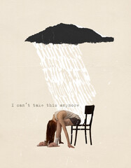 Contemporary art collage. Conceptual image. Young girl sitting on chair in depression, feeling lonely and frustrated