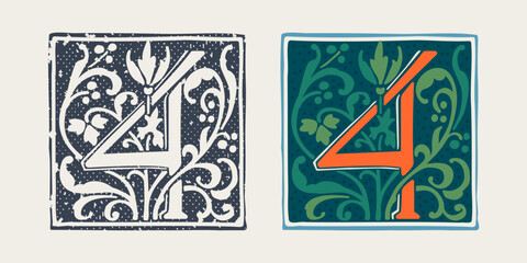 Number four logo in medieval gothic style. Set of dim colored and monochrome grunge style icons. Engraved initial drop cap.