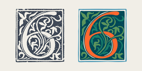 Number six logo in medieval gothic style. Set of dim colored and monochrome grunge style icons. Engraved initial drop cap.