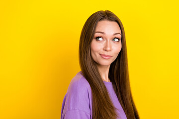 Fototapeta premium Closeup photo of young dreamy cute woman brown long beautiful hair deep think about nice offer proposition shopping deal isolated on yellow color background