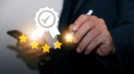 Customers give a five-star rating. service rating Satisfaction Guaranteed Concept