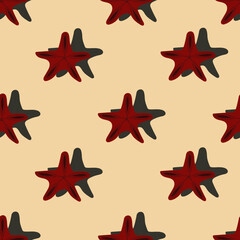 Seamless pattern with 3d starfishes. Beautiful red coral star on sand background. Summer print with tropical sea animal for wallpaper.
