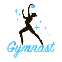 Young gymnast with ball silhouette in blue colors. Gymnastics logo. Vector illustration - obrazy, fototapety, plakaty