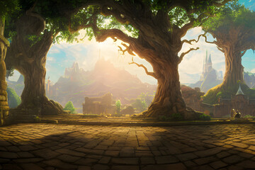 Obraz premium sun rays in the forest of courtyard castle- Breath of the wild style