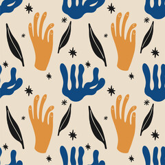 Fototapeta premium Colorful seamless pattern with ornamental plants, hands and stars. Modern boho style, EPS10 vector illustration, design for fashion fabric, textile, wallpapers, packaging and all print
