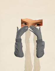 Contemporary art collage. Conceptual image. Cropped image of female eyes and hands. Depression, sadness and loneliness