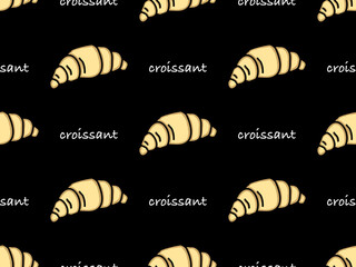 Croissant cartoon character seamless pattern on black background
