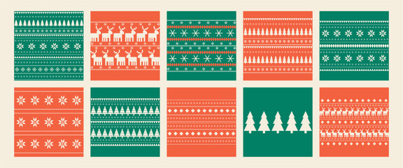 Set of Christmas and New Year seamless patterns. Fair Isle flat knitted pattern with Scandinavian snowflakes, Christmas trees and deer for winter hat, sweater, jumper, paper or other designs.