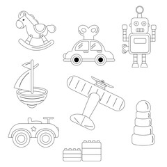 A collection of children's toys outline. Car, robot, boat, plane