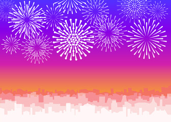 Fototapeta na wymiar Celebrated festive firecracker over town. City silhouette with white fireworks. Jpeg skyscrapers landscape with bright holiday salute