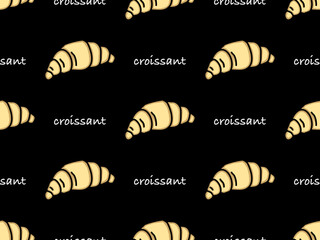 Croissant cartoon character seamless pattern on black background