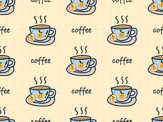 Coffee cartoon character seamless pattern on yellow background