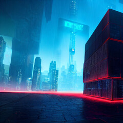 Building shaped like a black cube in a futuristic city