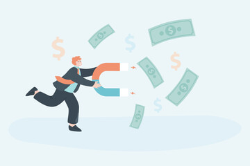 Businessman attracting falling dollar bills with magnet. Office worker getting salary or profit flat vector illustration. Success, economy, finances, income concept for banner or landing web page