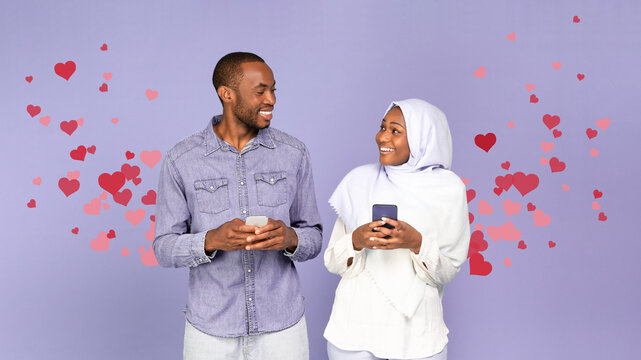 Happy Muslim Black Couple Texting On Smartphones, Purple Background, Collage
