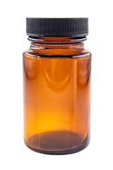 Medical bottle in brown for capsules and tablets on a white background. Packaging for medical preparations