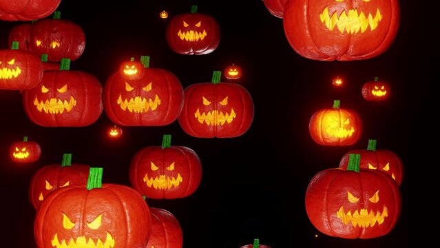 Halloween pumpkins fall down background 3d render. Sinister pumpkins with yellow glowing mouth and eyes falls isolated on black background. Happy halloween party theme