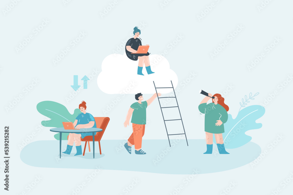 Poster office woman at table sending files to colleague on cloud. tiny workers using service or application