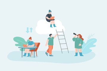 Office woman at table sending files to colleague on cloud. Tiny workers using service or application for sharing data flat vector illustration. Online communication, network concept for banner