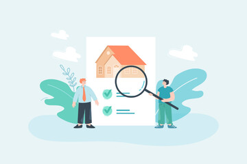 Man examining information about house before buying. Building on paper with checkmarks, agent offering house flat vector illustration. Property, home insurance concept for banner or landing web page