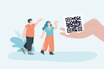 Huge hand giving QR code to tiny cartoon customers. Man and woman looking at barcode flat vector illustration. Shopping, information, technology concept for banner, website design or landing web page