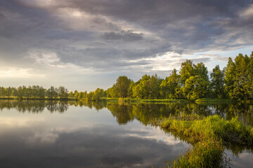 Dawn on the river. the sun's rays illuminate the trees and the pond in the early morning.