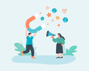 Worker with magnet using strategy for attracting new followers. Woman with loudspeaker making announcement flat vector illustration. Social media, marketing concept for banner or landing web page