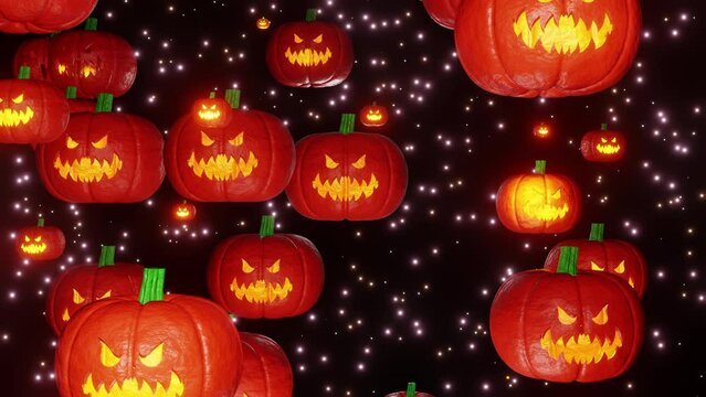 Halloween pumpkins fall down stars background 3d render. Sinister pumpkins with yellow glowing mouth and eyes falls isolated on black background. Happy halloween party theme