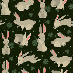 Seamless pattern of rabbits with clover. A cheerful hare with a clover in the field. Suitable for printing on textiles and paper. Gift wrapping, clothes, postcards, bed linen.