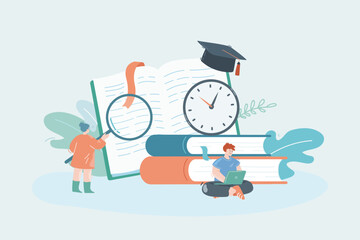 Student using laptop and girl studying big textbook. Stopwatch or timer on huge books flat vector illustration. Education, time management, graduation concept for banner or landing web page