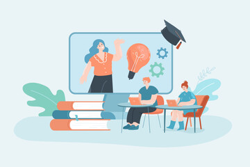 Tiny students with laptops and teacher on huge computer screen. Young people sitting at tables and watching lecture flat vector illustration. Online education, knowledge, technology concept for banner