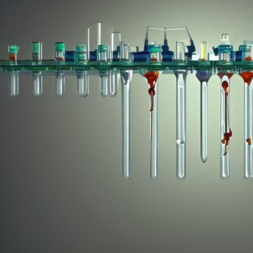 Test tube row. Concept of medical or science laboratory, liquid drop droplet with dropper