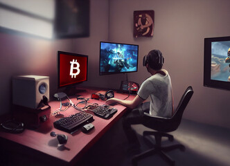 Playing computer games,  gamer looking at monitor and play to earn money, crypto gaming concept, action on the screen 