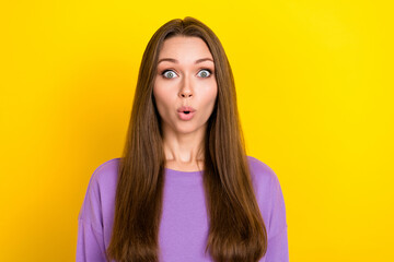 Closeup photo of young funny pretty woman brown long hair unexpected reaction scared how much money...