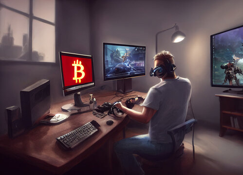 Playing Computer Games,  Gamer Looking At Monitor And Play To Earn Money, Crypto Gaming Concept, Action On The Screen 