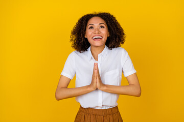 Portrait of charming cute person lady hands arms folded thanks help toothy smile isolated on yellow...