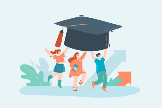 Male and female students carrying big graduation hat together. Education as way to success or growth flat vector illustration. Graduation, development, education concept for banner, website design