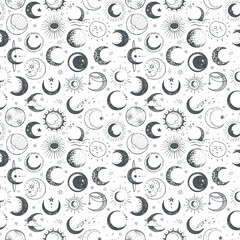 Seamless pattern with the Moon and crescent moon. Can be used for wallpaper, pattern fills, textile, web page background, surface textures.